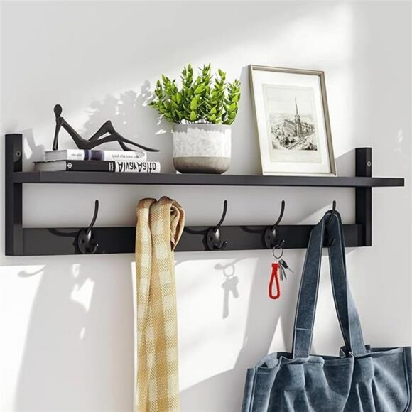 Wall Mounted Shelf With Hooks Entryway Organizer Rack Black Wood Hanging Shelf - Picture 8 of 8